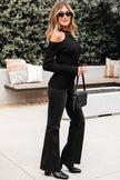 Black Ribbed Knit Cold Shoulder Choker Neck Sweater