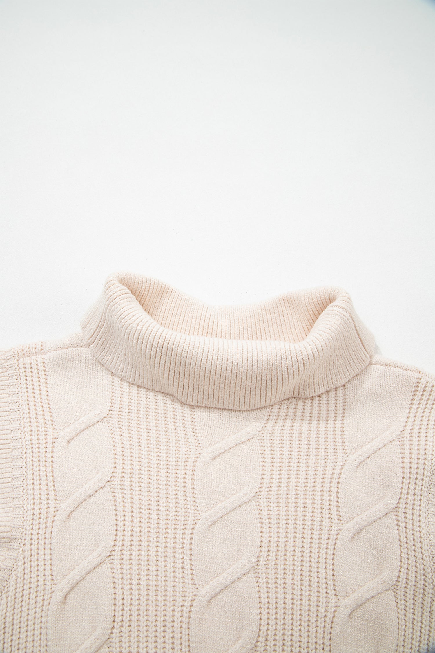 Jet Stream Cable Knit Turtleneck Ruffled Short Sleeve Sweater