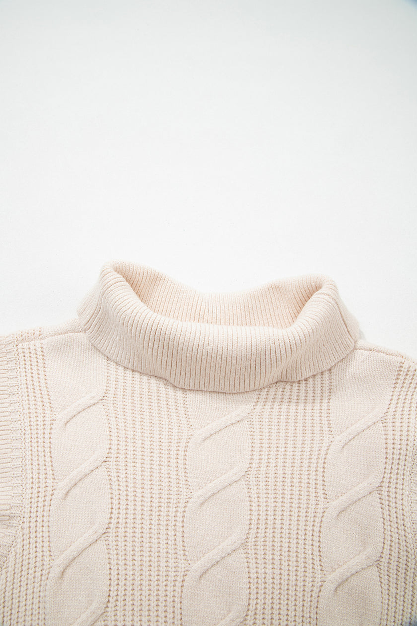 Jet Stream Cable Knit Turtleneck Ruffled Short Sleeve Sweater