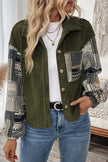 Jungle Green Ribbed Fleece Plaid Print Patchwork Button Up Jacket