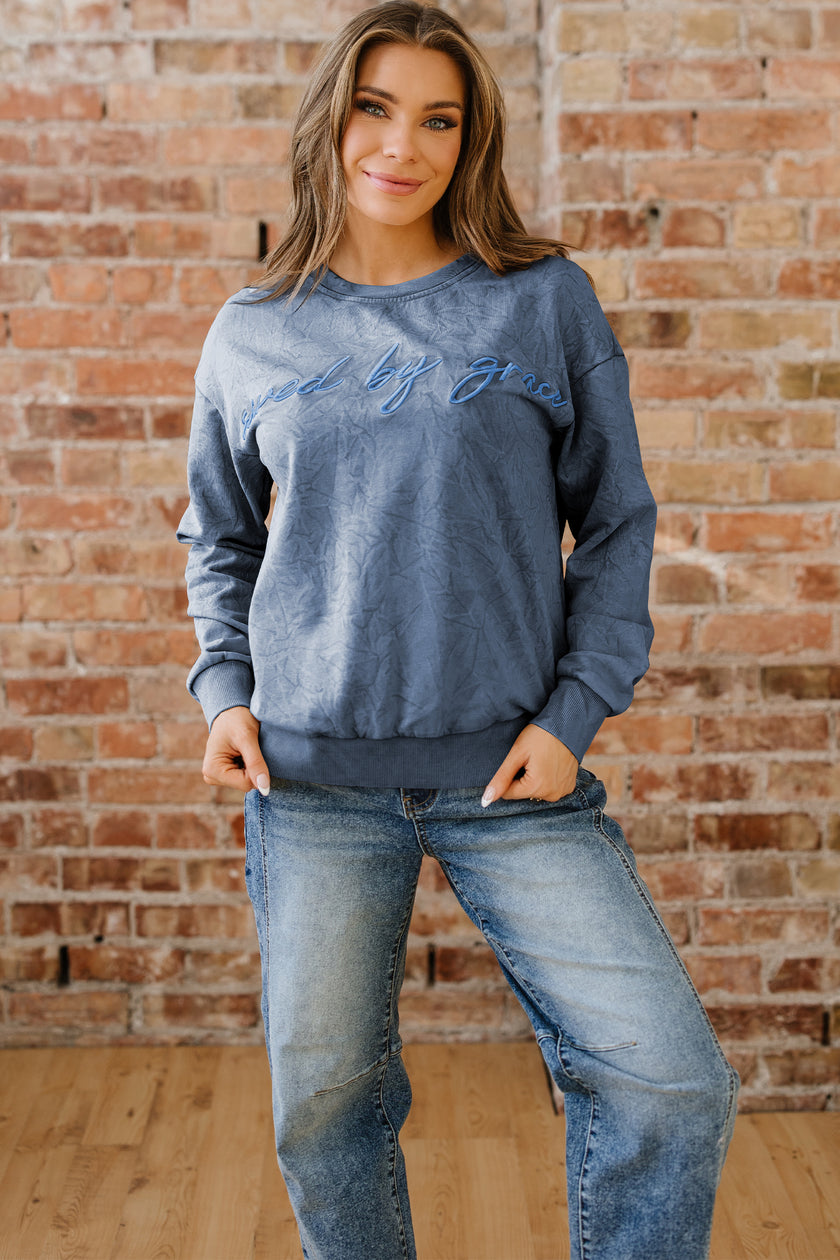 High-rise saved by grace Letter Embroidery Mineral Wash Loose Sweatshirt