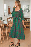 Green Tartan Plaid Square Neck Puff Sleeve Knot Waist Flared Midi Dress