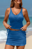 Burgundy Ribbed Knit Crossed Detail Tank Skort 2pcs Swimsuit
