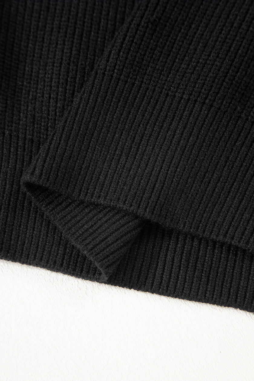 Black Ribbed Knit Ribbon Knot Backless Drop Shoulder Sweater