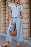 Apricot Textured Ruffled Sleeve Zipped Top and Wide Leg Pants Set