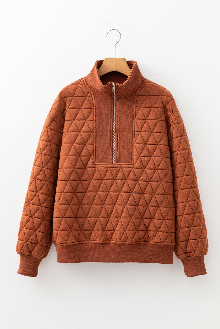 Straw Yellow Geometric Quilted Half Zipped Loose Sweatshirt