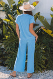 Bright Green Solid Corded Knit Short Sleeve T Shirt and Wide Leg Pants Set