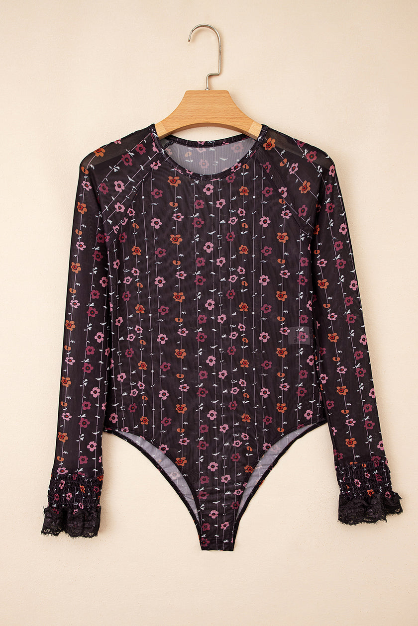 Dear Lover Black Floral Print Smocked Cuff Slim Fit Mesh Bodysuit