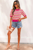 Purple Abstract Striped Knit Short Sleeve Sweater