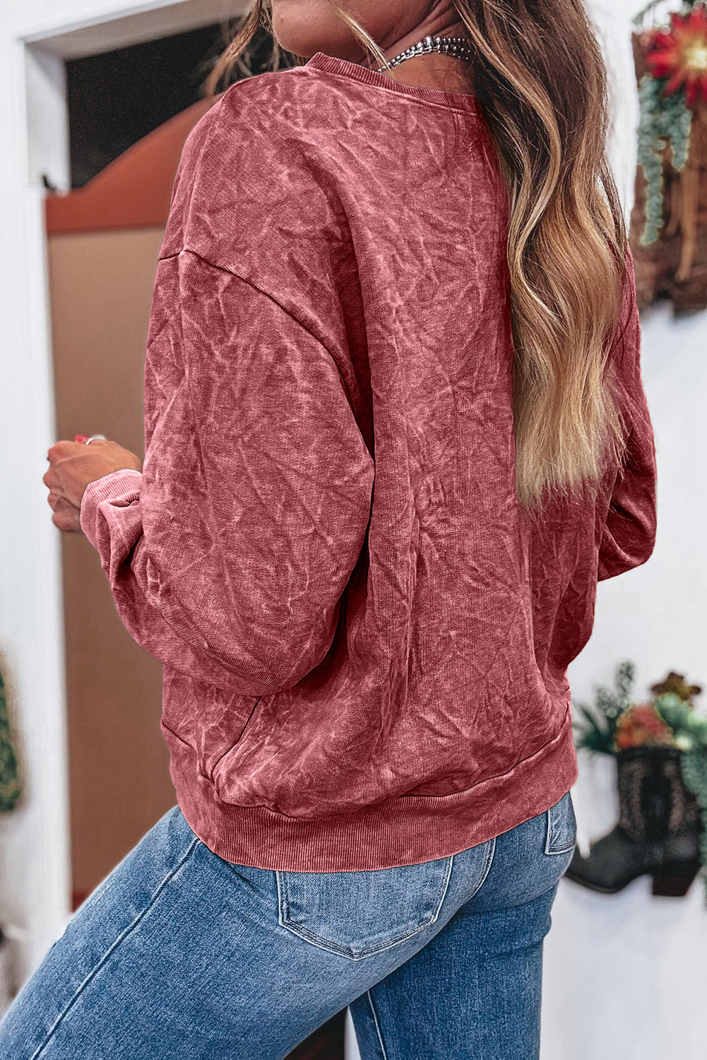 High-rise saved by grace Letter Embroidery Mineral Wash Loose Sweatshirt