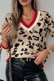 Khaki Leopard Pattern V-Neck Contrast Rib Knitted Sweater