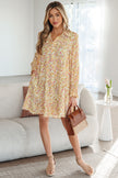 Yellow Floral Print Frilly Trim Smocked Cuff Long Sleeve Loose Shirt Dress