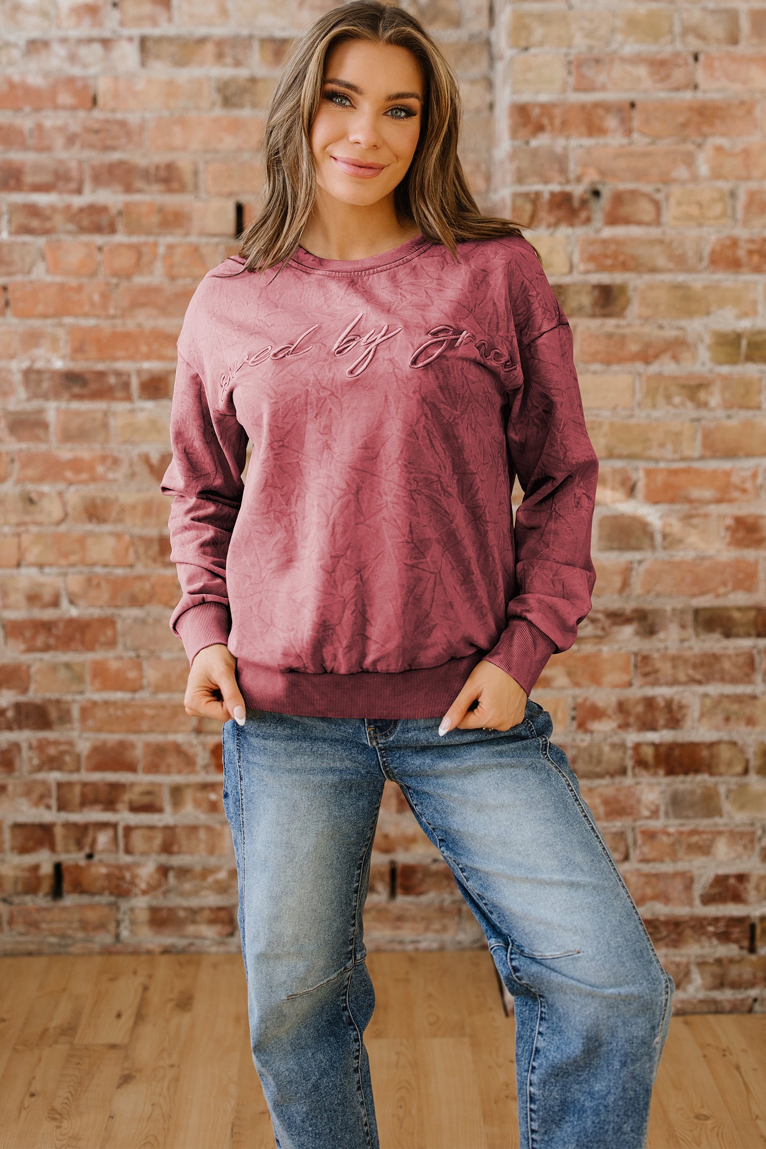 High-rise saved by grace Letter Embroidery Mineral Wash Loose Sweatshirt