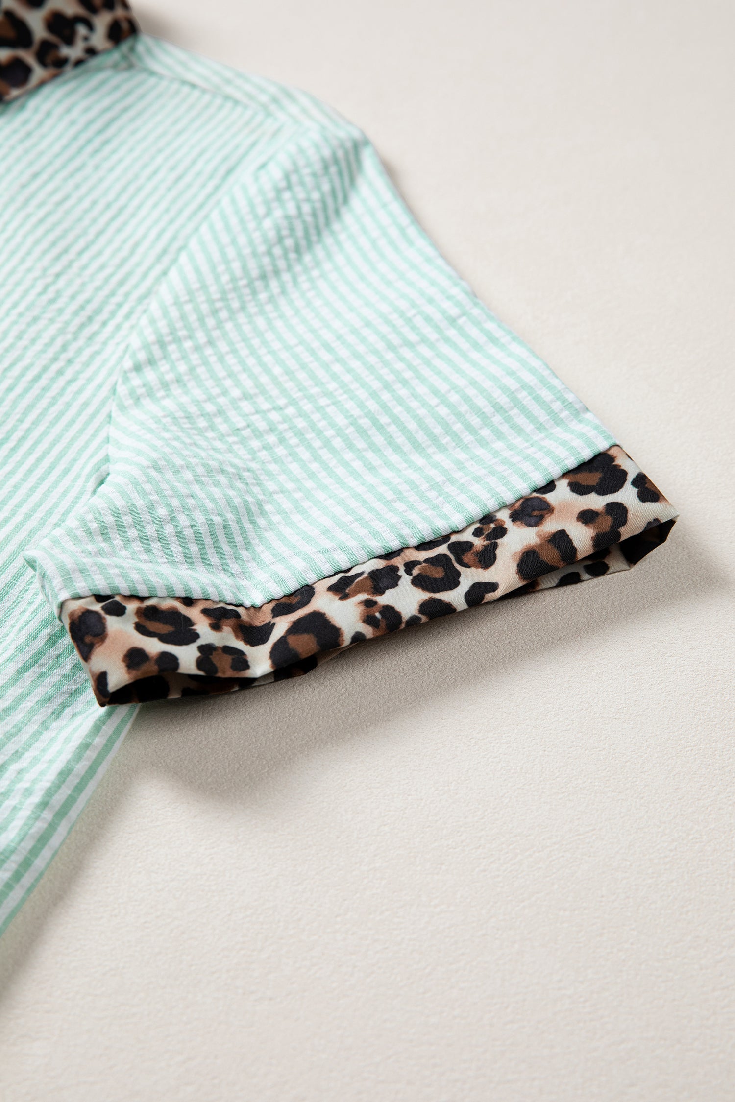 Sky Blue Stripe Leopard Contrast Collar Short Sleeve Shirt