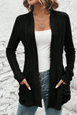 Black Ribbed Open Front Knitted Top with Pockets