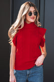 Jet Stream Cable Knit Turtleneck Ruffled Short Sleeve Sweater