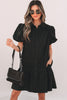 Black Shirt Style Button Down Puff Sleeve Ruffle Hem Dress
