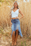 Dearlove Myosotis Irregular Distressed Bottom Denim Midi Skirt