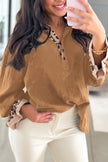 Black Contrast Leopard Print Patchwork Polo Collar Buttons Front Ruffled Long Sleeve Blouse