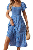 Beige Ditsy Floral Print Smocked Square Neck Ruffle Short Sleeve Dress