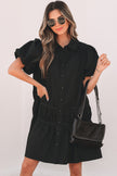 Black Shirt Style Button Down Puff Sleeve Ruffle Hem Dress