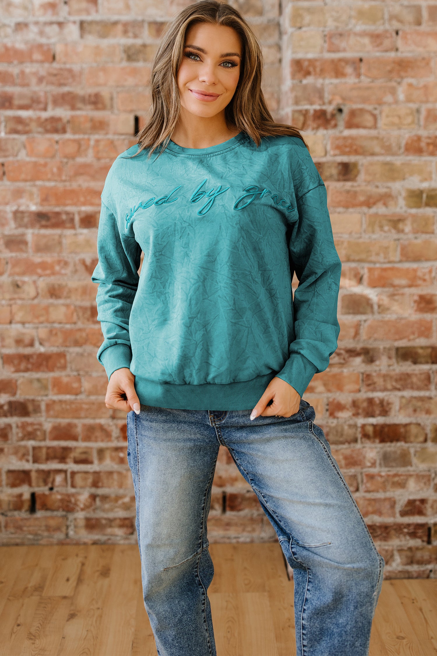 High-rise saved by grace Letter Embroidery Mineral Wash Loose Sweatshirt