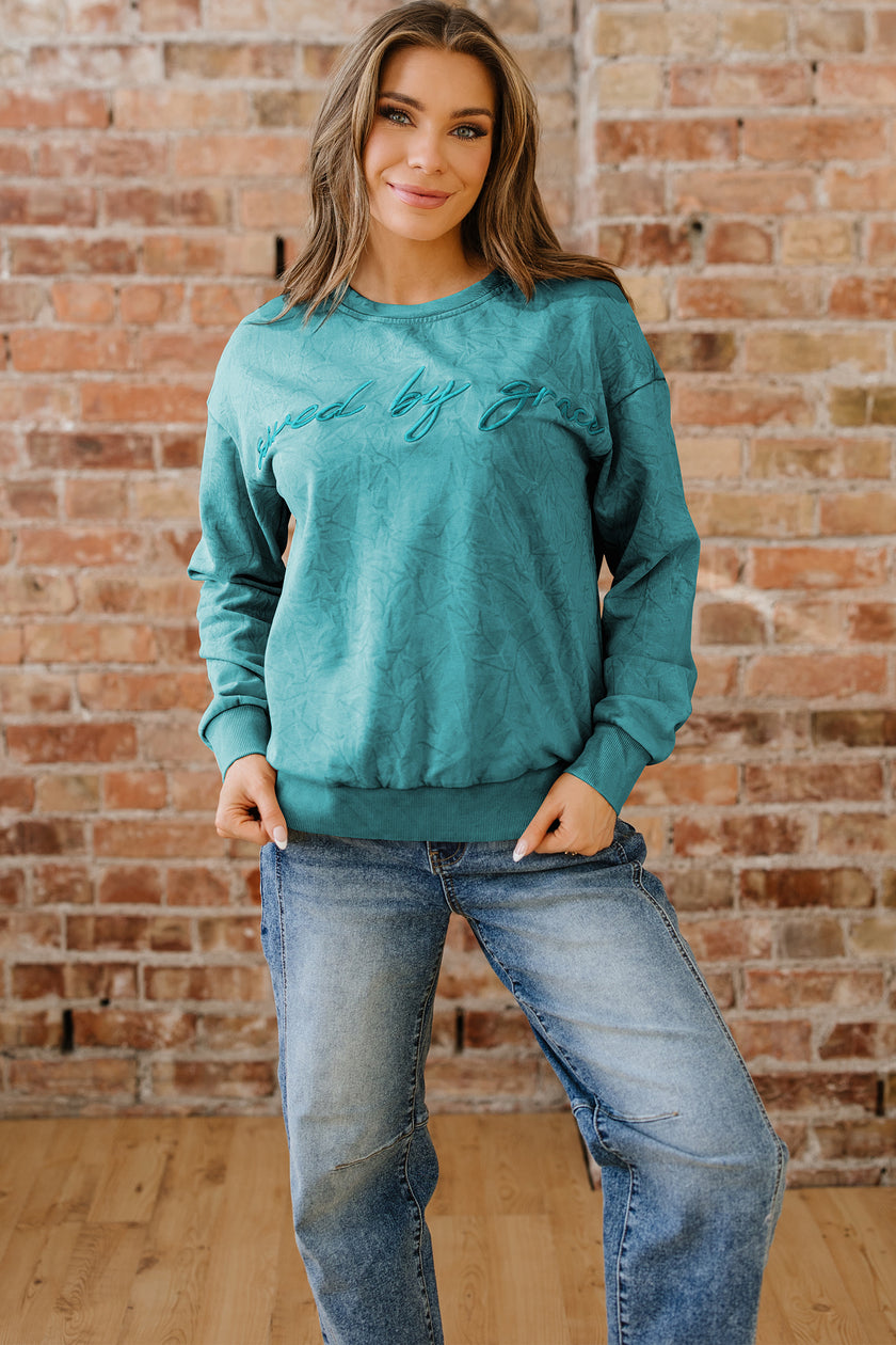 High-rise saved by grace Letter Embroidery Mineral Wash Loose Sweatshirt