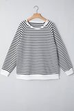 Black Stripe Raglan Sleeve Side Slits Loose Sweatshirt