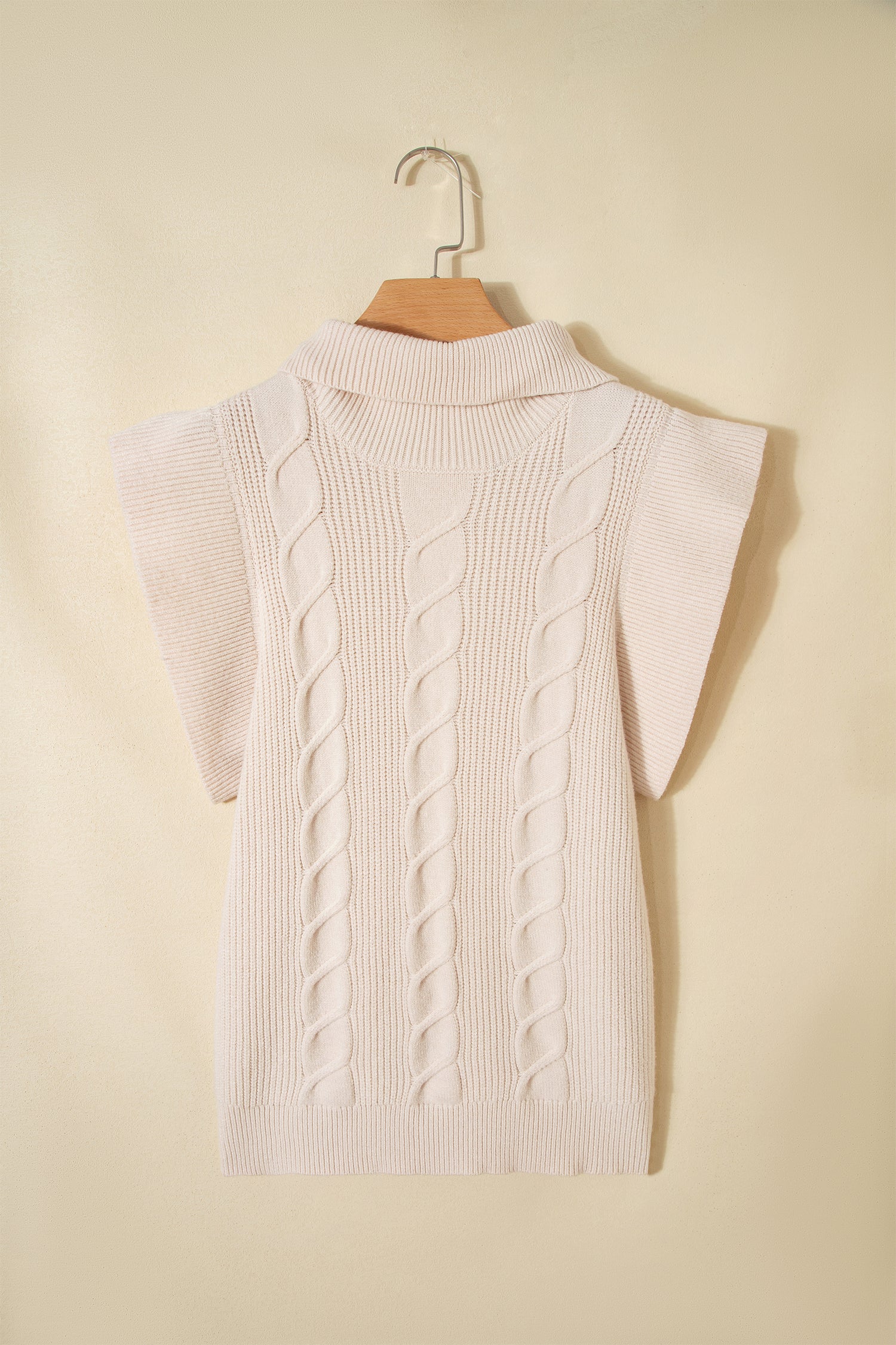 Jet Stream Cable Knit Turtleneck Ruffled Short Sleeve Sweater