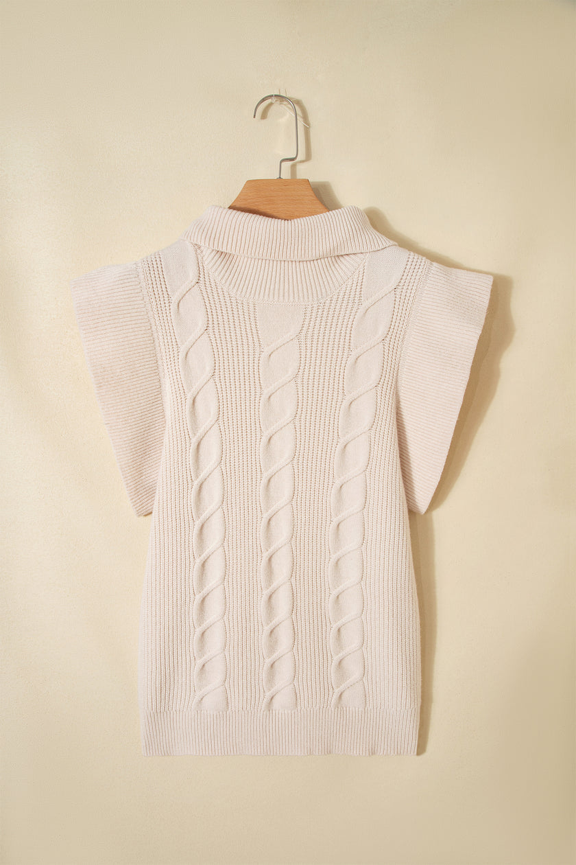 Jet Stream Cable Knit Turtleneck Ruffled Short Sleeve Sweater