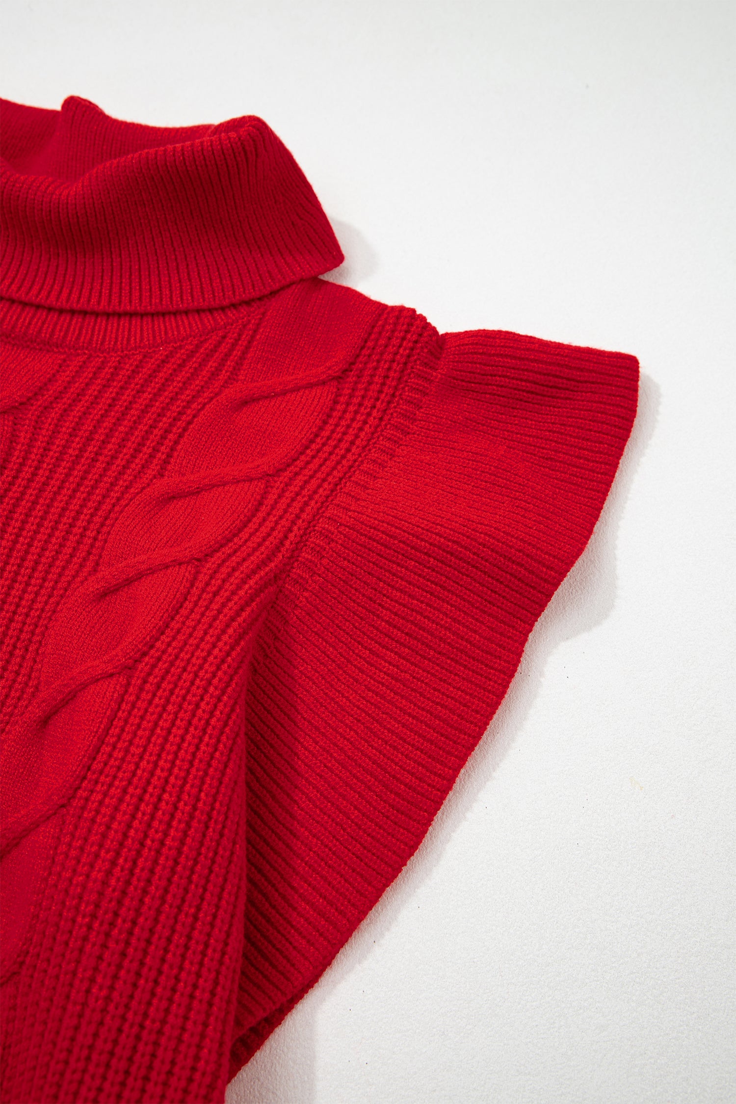 Jet Stream Cable Knit Turtleneck Ruffled Short Sleeve Sweater