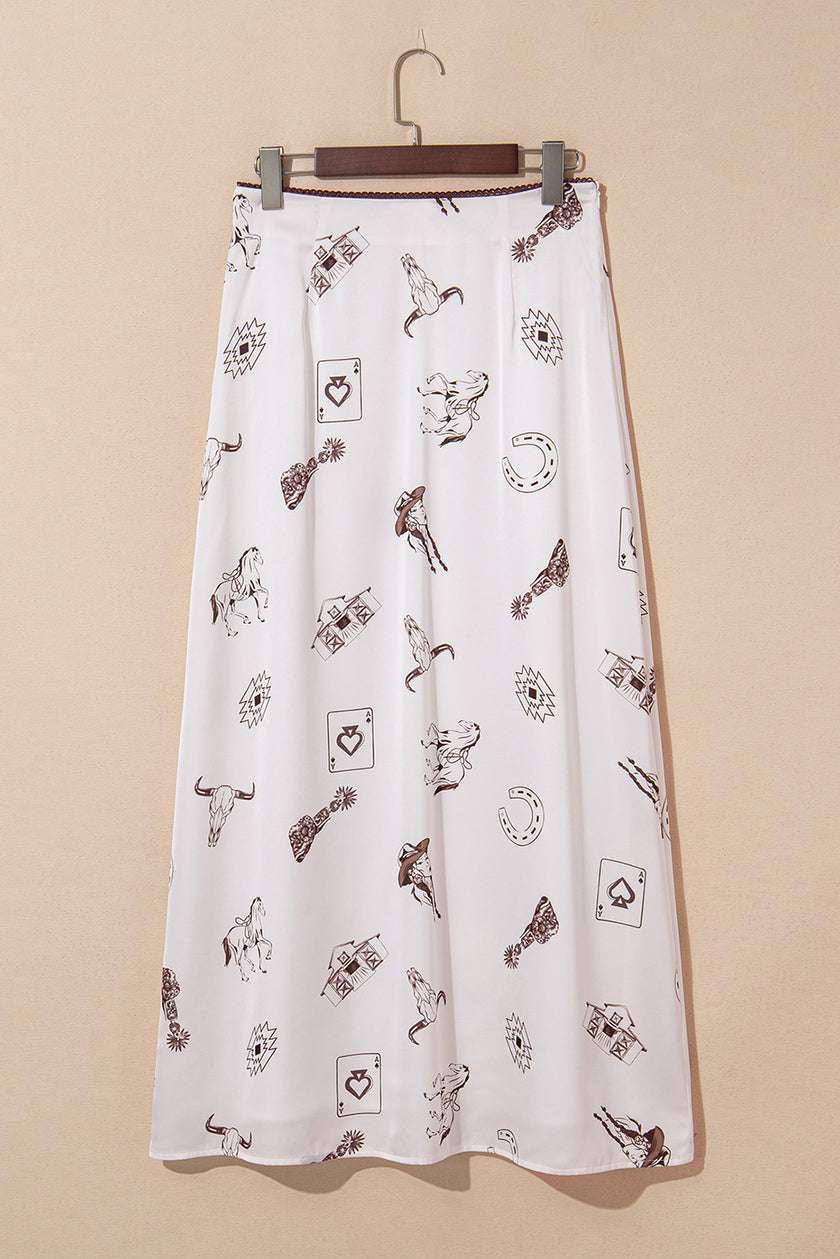 White Western Print Satin Long Skirt