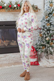Apricot Floral Print Pullover Drawstring Lounge Pants Set