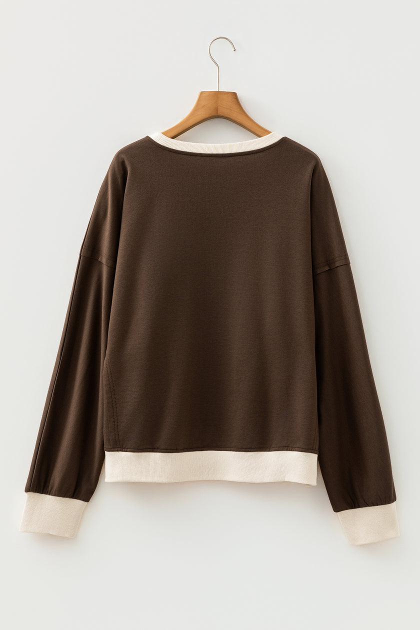 Beige Raw Edge Flower Patch Drop Shoulder Casual Top