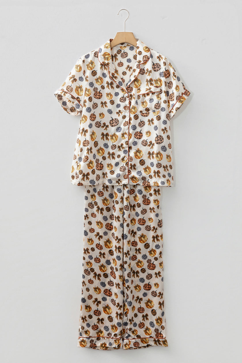 Beige Leopard Pumpkin Allover Halloween 2pcs Pajama Set