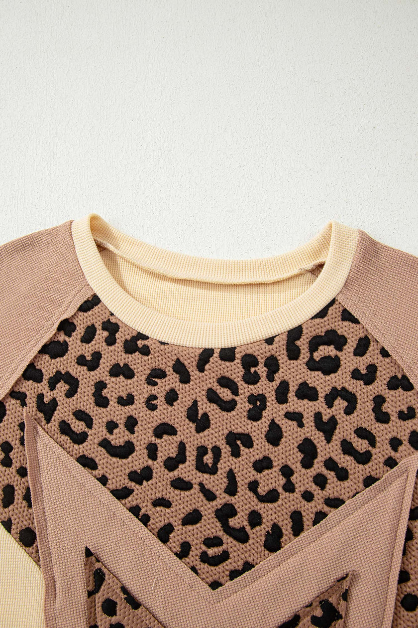 Light French Beige Leopard Star Color Block Patchwork Textured Baggy Sweatshirt