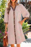 Khaki Stripe Square Button Leopard Trim Loose Bracelet Sleeve Shirt Dress