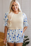 Beige Waffle Floral Patchwork Short Flounce Sleeve Peplum Blouse