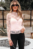 Apricot Pink Sheer Floral Lace Mesh Mock Neck Long Sleeve Top