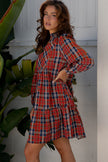 Red Plaid Print Frilly Collar Long Sleeve Shift Mini Dress