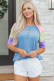 Bright Pink Twisted Ribbed Color Block Patchwork Henley Short Sleeve T Shirt
