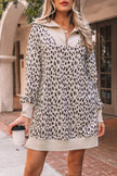 Khaki Leopard Print Zip up Collar Patchwork Shift Mini Dress