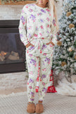 Apricot Floral Print Pullover Drawstring Lounge Pants Set