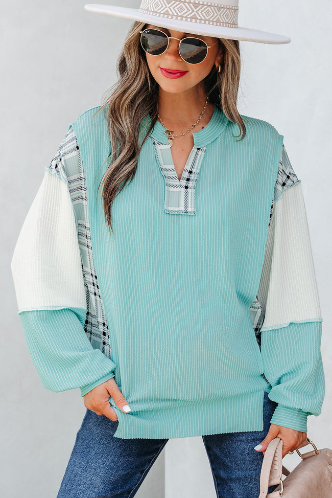 Rose Red Corded Texture Plaid Colorblock Patchwork Split Neck Long Sleeve Top