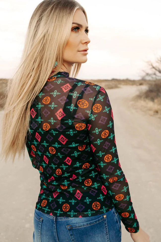 Black Western Aztec Printed Long Sleeve Mesh Top