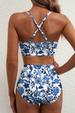 Blue Floral Print Hardware Accent Notched Neck High Waist Bikini Set