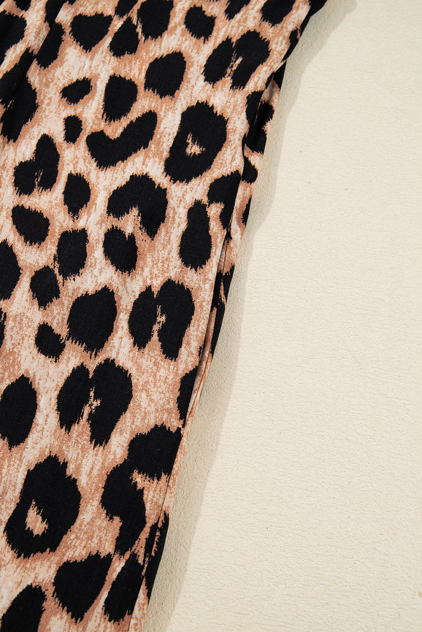 Brown Leopard Print Smocked Detail Flowy Midi Dress
