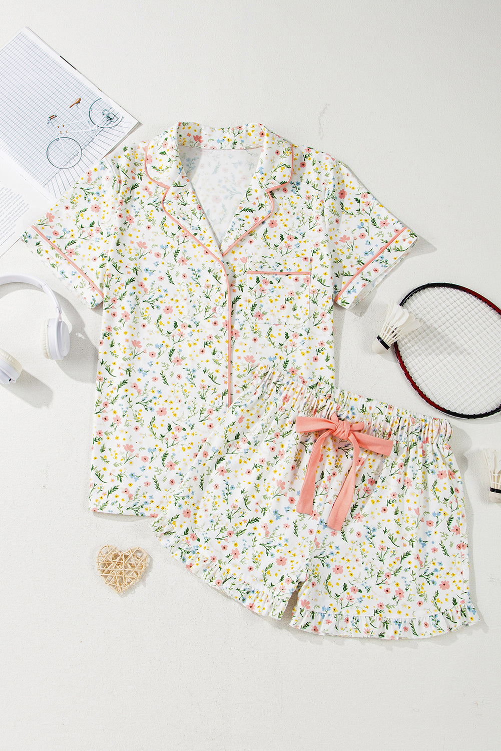 Pink Bow Print Contrast Pipping Short Pajamas Set
