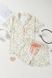 Pink Bow Print Contrast Pipping Short Pajamas Set