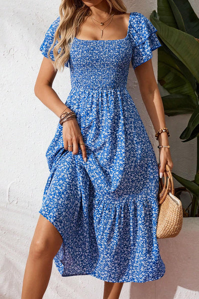 Beige Ditsy Floral Print Smocked Square Neck Ruffle Short Sleeve Dress